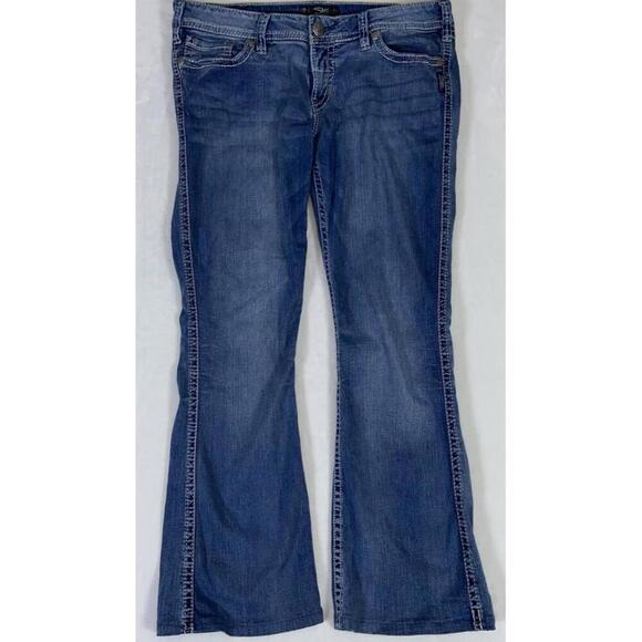 Denim - Silver Womens Twisted Surplus Boot Leg Jeans Blue Stretch Whiskered Denim 34x28